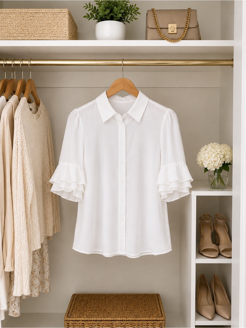 FRAME Elegant White Ruffle-Sleeve Button-Down Blouse